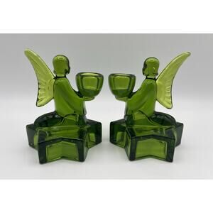 L E Smith Green Glass Angel on Star Taper Candle Holder Vintage Christmas Decor